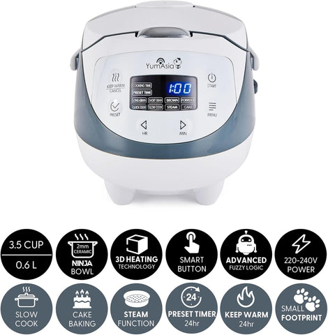 Yum Asia Panda Mini Rice Cooker 3.5 Cup White & Grey