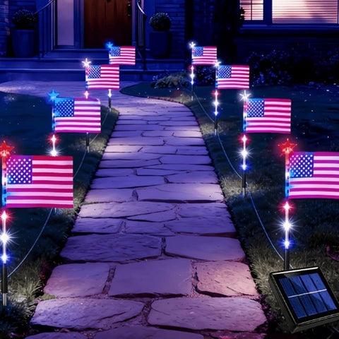Solar Pathway Lights With American Flag White Blue Lighting
