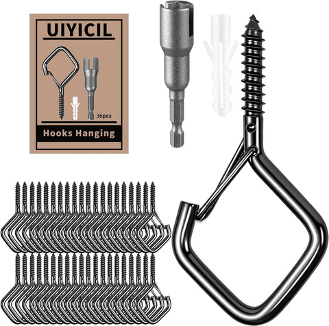 Heavy Duty Eye Screw Hooks for Hanging – Ceiling Hooks for Hanging Plants & Outdoor String Lights, Safety Lock Screw-in Hooks, Black 36 Pcs – Hang It Securely, Style It Your Way