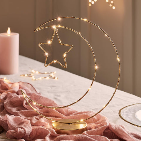 Gold Moon & Star Ramadan Table Light – 20 Warm White LED Battery Operated Decoration with Timer