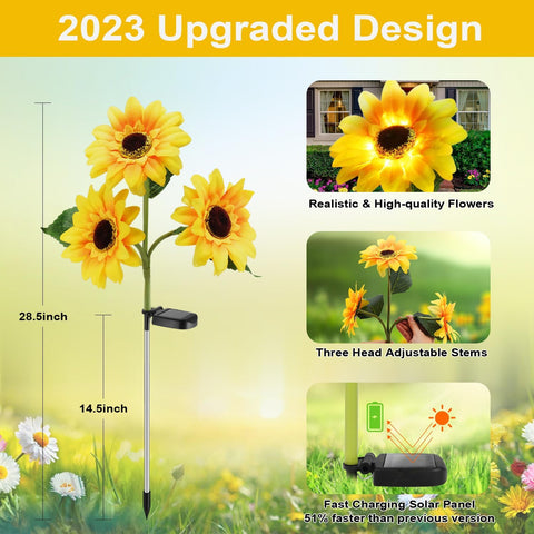 Outdoor Solar Garden Stake Lights,Upgraded LED Solar Powered Light with 3 Sunflower, Waterproof Solar Decorative Lights for Garden, Patio, Backyard (2 Pack)