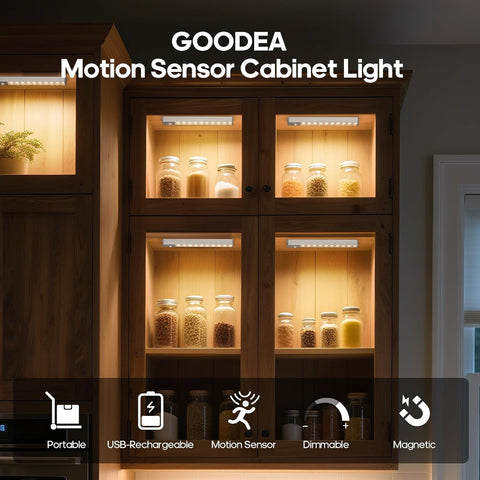GOODEA Small Wardrobe Lights Motion Sensor with Charging Station 18cm, 6pcs – Rechargeable LED Cabinet & Under Cupboard Lights, 3000K Warm White - Let Dark Corners Switch On When You Need Them