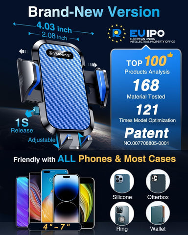 VANMASS Blue Car Phone Holder [Upgraded Suction & Clip] Universal Mount