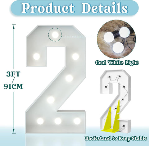 3FT Light Up Numbers Birthday Decoration Large Marquee Numbers 2 for 2nd 21st Birthday Party Decor Wedding, Big Number Frame Foam Cardboard Mosaic Arch Stand Pre-cut Numbers