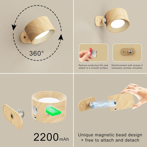 LED Battery Operated Wood Grain Wall Lights, 2Pack Wall Lamp with 3 Color Modes 3 Brightness Levels 360°Rotate Magnetic Touch Control, Reading Lights for Living Room Bedroom
