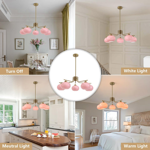 Collage of a chandelier in different light settings in various rooms.