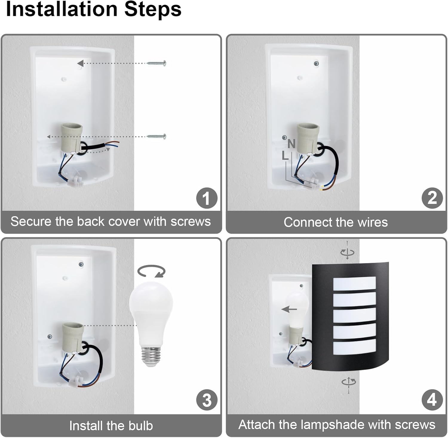 Step-by-step installation guide for a light fixture with text labels.
