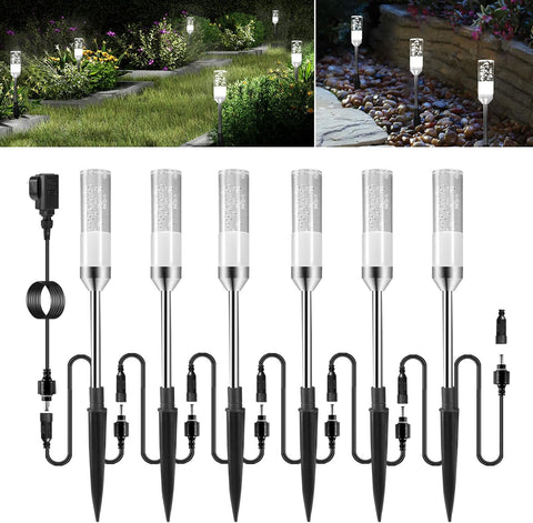 ECOWHO Outdoor Garden Spike Lights Plug-in, Extendable to 24 Lamps IP65 Waterproof LED Pathway Lighting, 12V Low Voltage Mains Garden Lawn Lights for Patio, Driveway, Yard, Cool White 6000K 6 Packs
