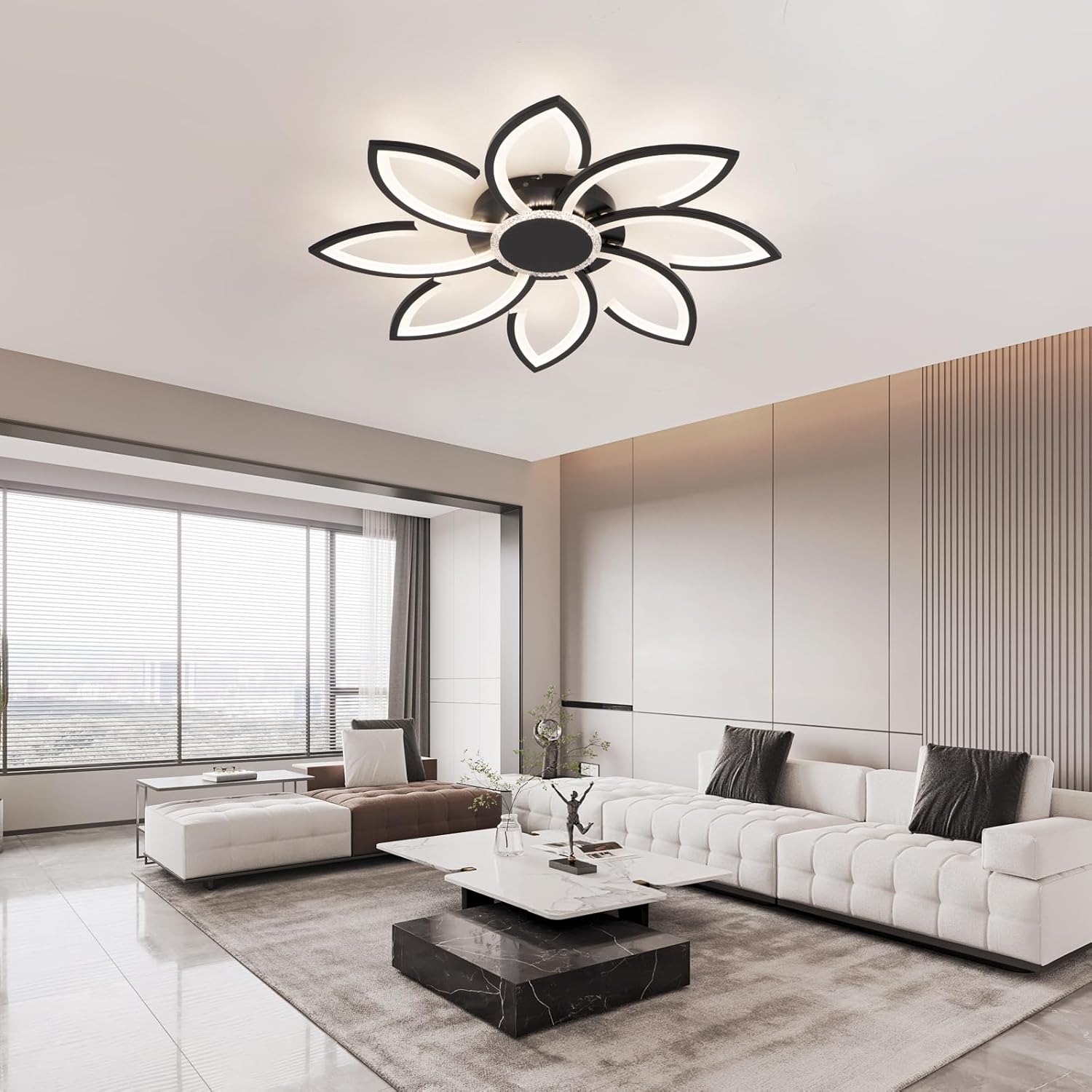 Modern living room with a stylish ceiling light fixture.