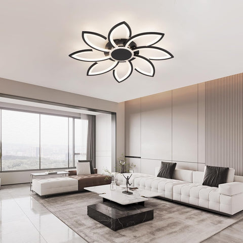 Modern living room with a stylish ceiling light fixture.