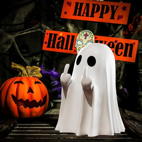 2 Pcs Halloween Middle Finger Ghost Decorations – Funny Black & White Table Ornaments for Spooky Parties, Haunted House Displays & Halloween Gifts