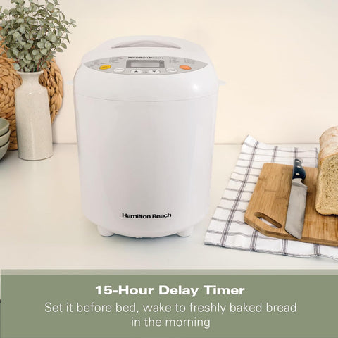 Hamilton Beach Bread Maker – 19 Programmes, 3 Loaf Sizes, Gluten-Free, Timer, Keep Warm, Adjustable Crust Control – White