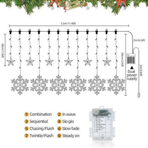 Christmas Window Curtain Lights 3.5M, 138 LED Stars & Snowflake Fairy String Lights with 8 Flashing Modes, USB & Battery Operated Warm White Christmas Tree & Wedding Decor