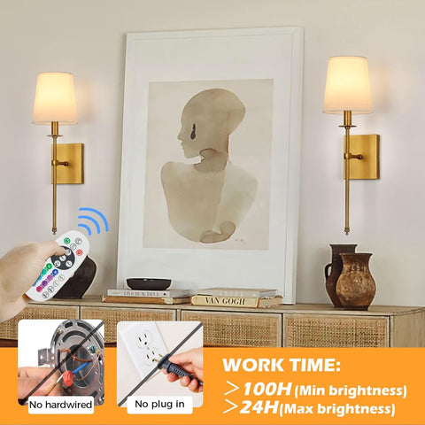 Wiress Battery Operated Wall Lights Set of 2, Rechargeable Wall Lights with Dimmable Light Bulb, Remoted Control, Wireless Lamp Fixture for Bedroom Living Hallway Gold