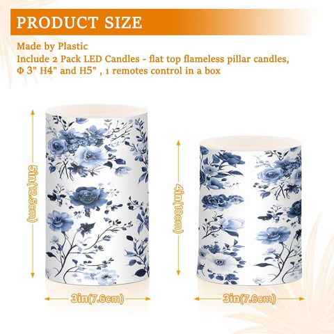 Flickering Flameless LED Candles with Blue & White Porcelain Flower Design, Remote Control & Timer, Set of 2 Battery Operated Candles