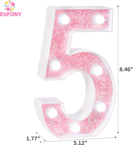 Pink Glitter Marquee Light Up Numbers, LED Number Lights Battery Operated for Girls 5th 15th Pink Birthday Party Table Decorations, Wall Decor for Girls Bedroom, Number 5 Sign Cool White Lights