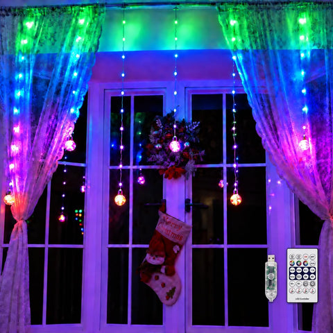 Ollny Curtain Fairy Lights 3m – 135 RGB LEDs with 10 Globe Lights, USB Powered Christmas Window Lights - Turn Every Festive Corner Into a Colourful Glow