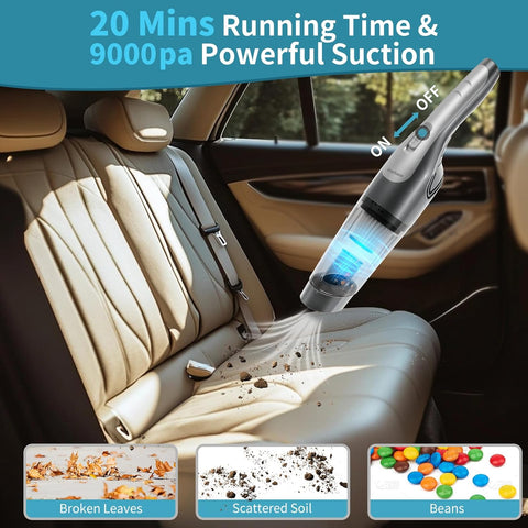 Cordless Car Vacuum Cleaner Grey – Powerful 9Kpa Suction, 20Min Runtime