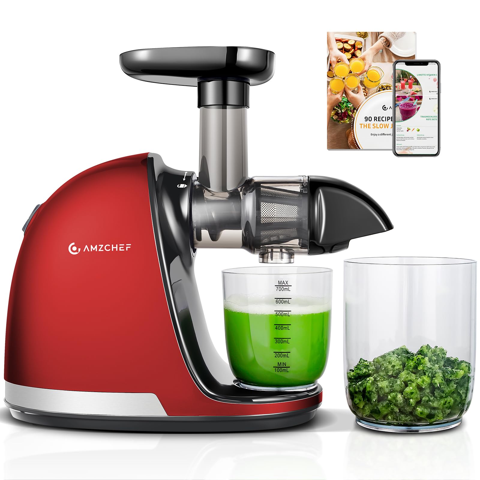 AMZCHEF Juicer Machines - Cold Press Slow Juicer - Masticating Juicer for Whole Fruits and Vegetables - Delicate Chew No Need to Filter - BPA Free Juice Extractor with 2 Cups and Brush - Black