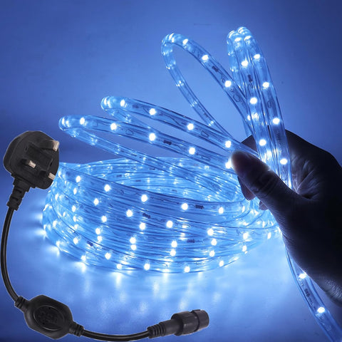 LED light strip with power plug on a blue background