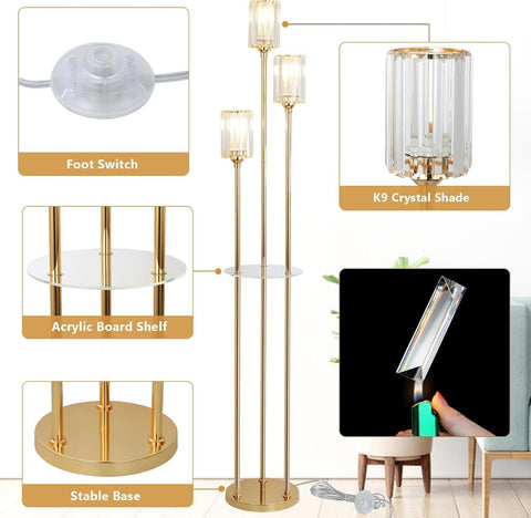 Gold floor lamp with labeled features including foot switch, K9 crystal shade, acrylic board shelf, and stable base.