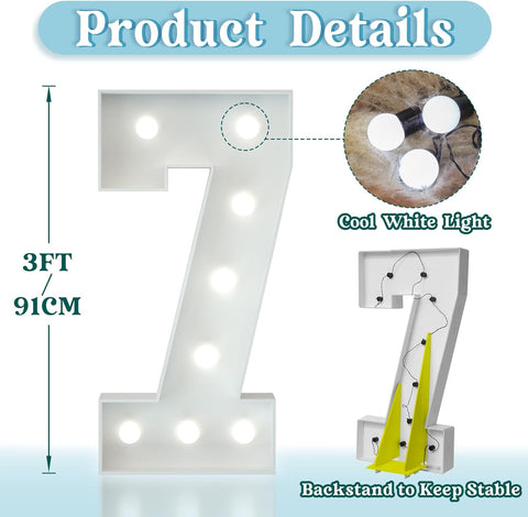 3FT Light Up Numbers Birthday Decoration Large Marquee Numbers 7 for 7th 70th Birthday Party Decor Wedding, Big Number Frame Foam Cardboard Mosaic Arch Stand Pre-cut Numbers