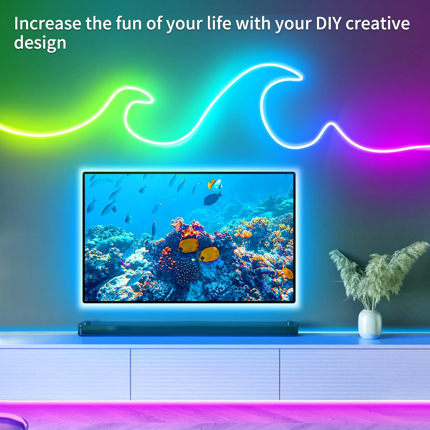 Neon lights on a wall with a TV displaying an underwater scene, text 'Increase the fun of your life with your DIY creative design'.