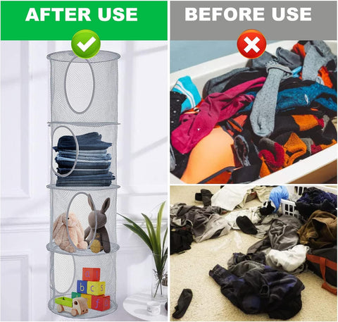 Hanging Mesh Storage Net, 4 Tier Compartments Foldable Hanging Soft Toy Storage Basket Mesh Storage Bag, Space Saving Organizer for Toys Clothes Sundries (Gray)
