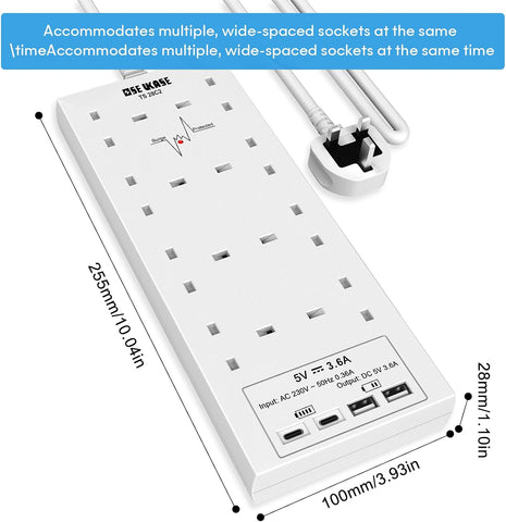 8 Way Extension Lead with 4 USB Ports (2 USB-C + 2 USB-A), 2m Cable & 1200J Surge Protection, 2990W White Power Strip – Bring Order to Your Busy Charging Corner