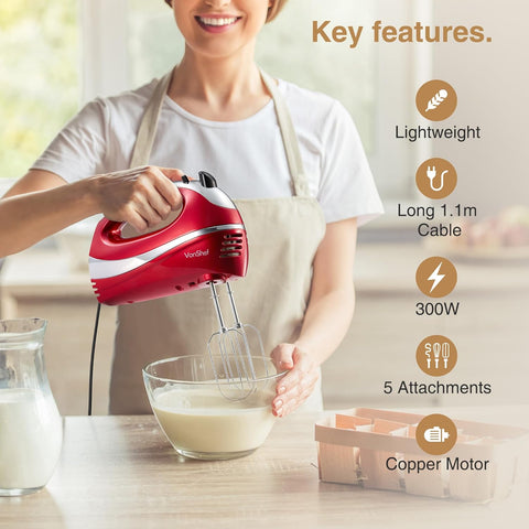 VonShef Hand Mixer Electric Whisk – 300W Food Mixer for Baking, 5 Speeds, Turbo Boost, Eject Button, 2 Beaters, 2 Hooks & Whisk – Red