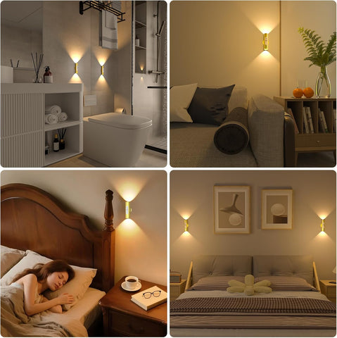Motion Sensor Wall Lights with Remote Control - Rechargeable Battery Operated Wall Sconces Indoor, LED Wireless Magnetic Wall Lamp Set of 2 for Stairs, Hallway, Bedroom, Living Room, Gold