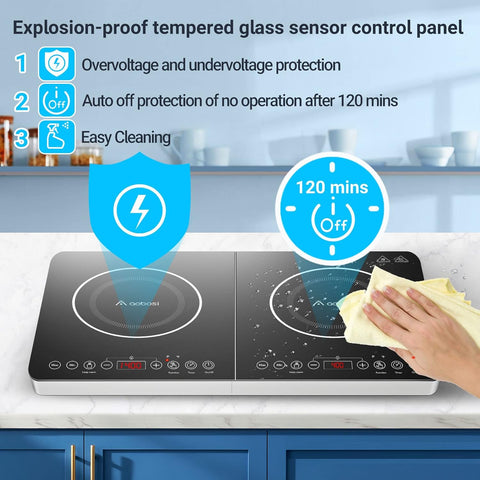 Aobosi Double Induction Hob 2800W Black Glass Panel – 20 Temp Settings, 2 Burners, Safety Lock