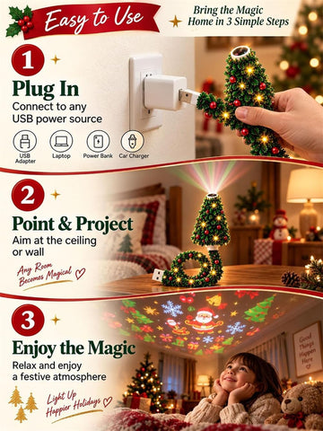 Christmas Projector Light – Plug and Play HD LED Christmas Projection Lamp with 6 Festive Scenes, USB Design for Walls, Ceilings & Holiday Decorations