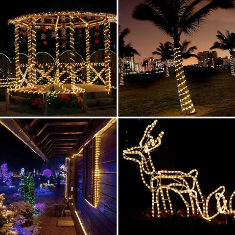 Collage of outdoor scenes with decorative string lights, including a gazebo, palm trees, building exterior, and reindeer figure.