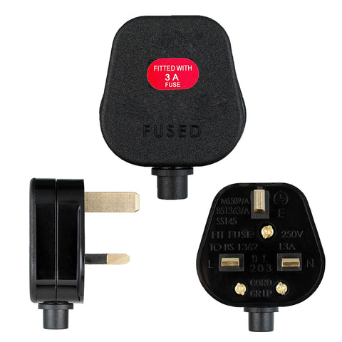 3A Fused Mains Plug with Cord Grip Black Pack of 5