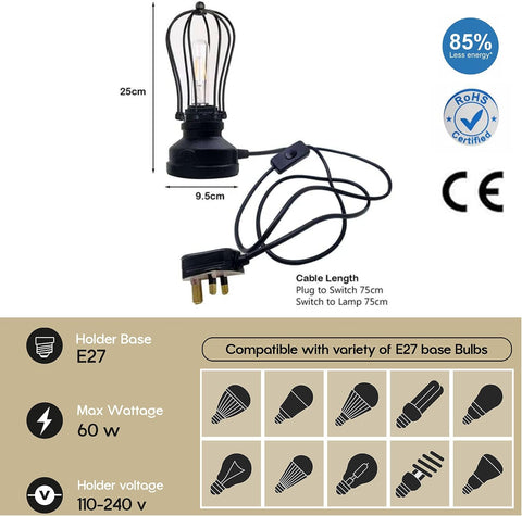 DC VOLTAGE Industrial Cage Table Lamp Black E27 LED Bedside Desk Light – Vintage Steampunk Metal Lamp for Bedroom, Living Room, Office, Café & Bar