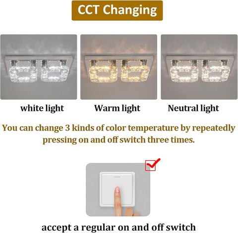 Rectangular Crystal LED Ceiling Chandelier Flush Mount 3-Color Change