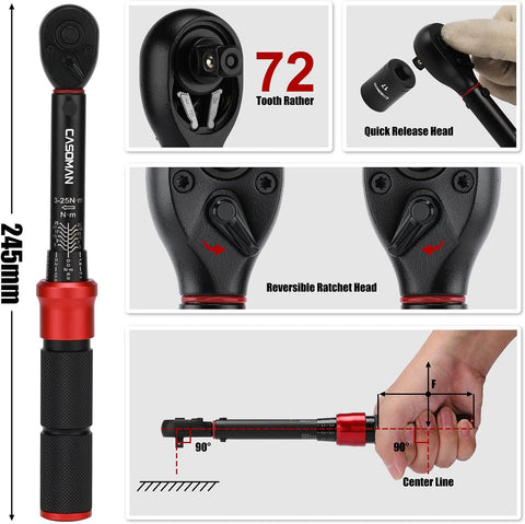 CASOMAN 33-Piece 1/4" Drive Torque Wrench Set 3–25Nm Click Torque Wrench Cr-V Steel 72-Tooth Dual Direction Bicycle Car Motorcycle Maintenance Tool Kit UK