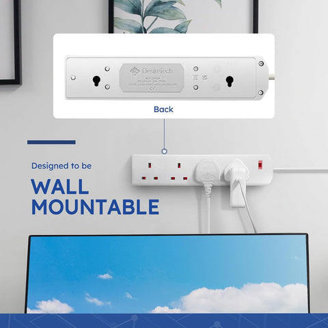 DESIRETECH White 4 Gang Extension Lead – 2 Metre UK Plug, 13A Fused 4-Way Socket with Wall Mounting Holes – Keep Everyday Essentials Powered Without the Plug-Socket Shuffle
