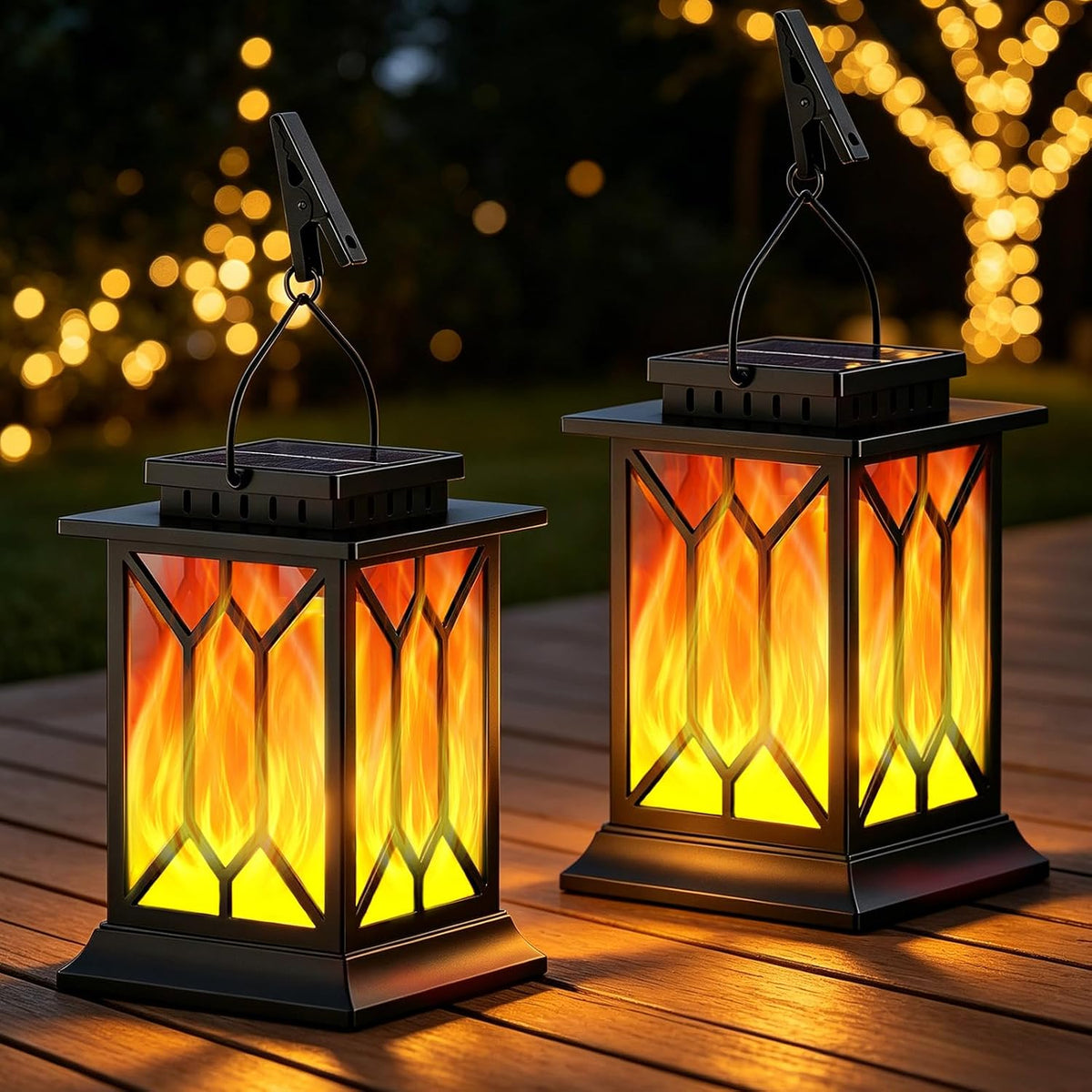 Solar Lanterns Outdoor Garden, 2 Pack Hanging Solar Garden Lanterns with Realistic Flickering Flame, IP65 Waterproof Decorative Solar Garden Ornaments for Yard , Pathway, Patio | 2 Lighting Modes