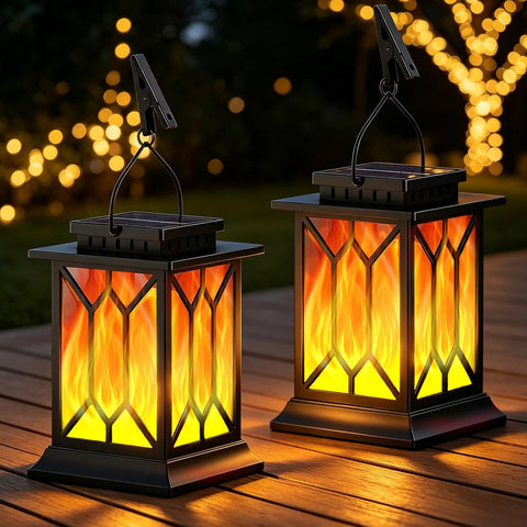 Solar Lanterns Outdoor Garden, 2 Pack Hanging Solar Garden Lanterns with Realistic Flickering Flame, IP65 Waterproof Decorative Solar Garden Ornaments for Yard , Pathway, Patio | 2 Lighting Modes