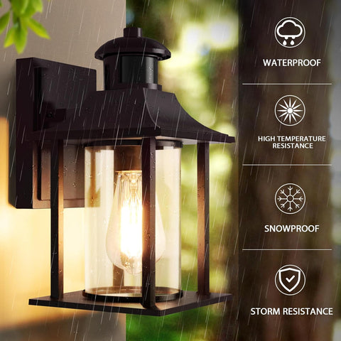 Outdoor wall light fixture in rain with waterproof features highlighted