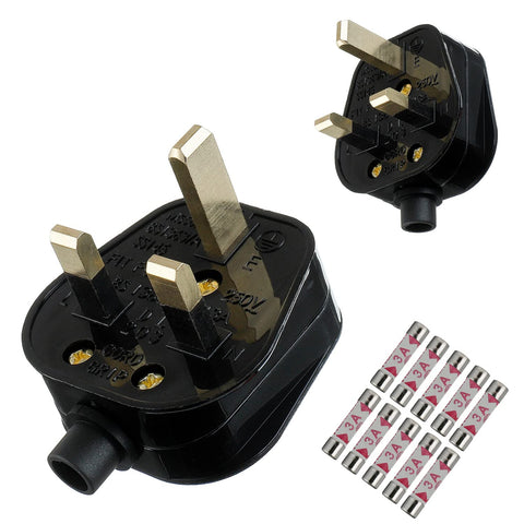 3A Fused Mains Plug with Cord Grip Black Pack of 2