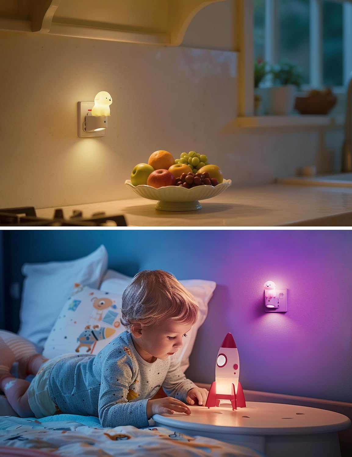 Night light on a wall next to a bowl of fruit, and another night light on a table with a child playing.