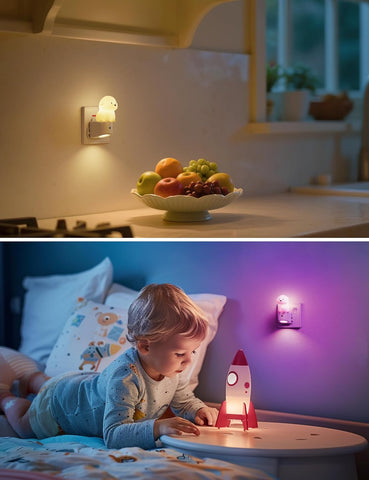 Night light on a wall next to a bowl of fruit, and another night light on a table with a child playing.