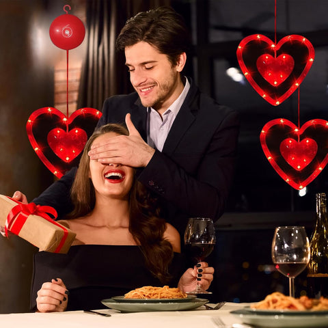 Valentine’s Day Decorative Window Lights, 3PCS Red Heart Shaped LED Hanging Window Curtain Lights, Battery Operated with Suction Cups for Wedding & Anniversary Décor