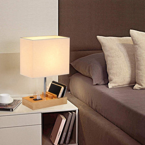 USB Bedside Table Lamp with 3 USB Charging Ports & Phone Charge Dock – Wooden Charging Station Desk Lamp with Device Organiser for Bedroom, Guest Room, Living Room & Office