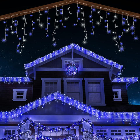 ANSIO® 320 LED Icicle Christmas Lights 11m/35ft – Blue & Cool White Outdoor & Indoor String Lights with 8 Modes, Timer & IP44 - Turn Your Home Into a Wintery Glow