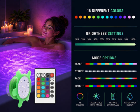 GlowTub V1 LED Bath & Spa Light with Remote Control – Waterproof Colour Changing Underwater Bath Light with 16 Colours, Dimming & Strobe Effect
