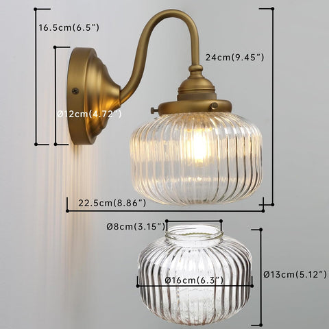 Vintage Gooseneck Wall Light Sconce with Clear Striped Glass Globe Shade Hardwired Bedside Wall Mounted Lamp Fixture